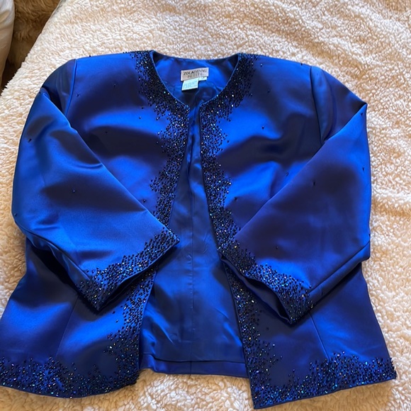 Two piece evening royal blue satin and beaded long skirt and jacket - Picture 3 of 8